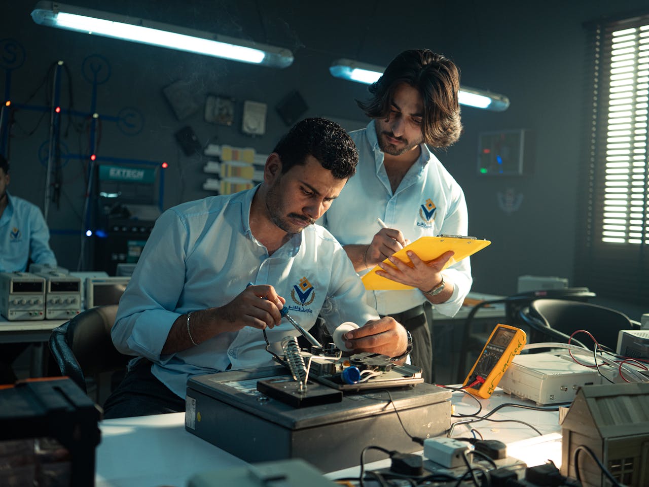 The Art of Drawing Readers In: Your attractive post title goes here Focused technicians collaborate in an electronics lab, emphasizing teamwork and innovation.